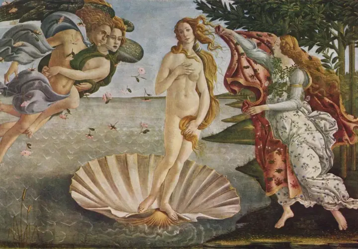 Botticellis Venus auf einer Muschel, umgeben von Göttern und einer Nymphe.