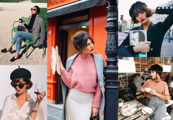 Francuska projektantka mody w paryskim stylu: berety, bagietki i kawa na ulicy.