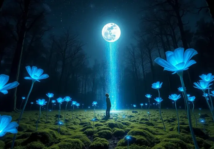 Nocny las, gdzie świecące na niebiesko kwiaty tworzą magiczną polanę. W centrum stoi postać, wpatrzona w snop światła z księżyca. To jak piękny sen o kwiatach.