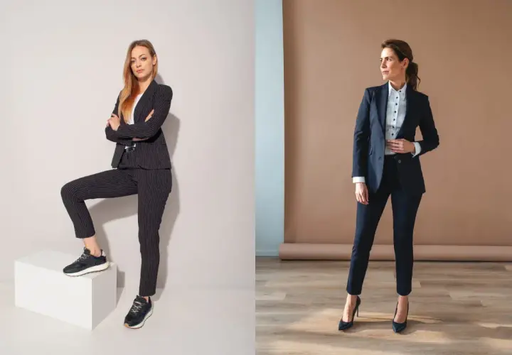 Dwie kobiety w czarnych garniturach. Jedna w sportowych butach, druga w eleganckich szpilkach. Jakie buty do czarnego garnituru?