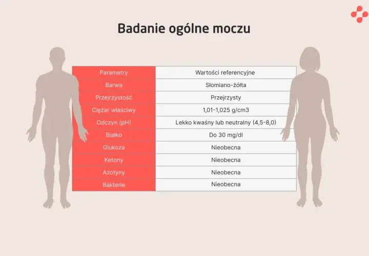 Tabela z wynikami badania ogólnego moczu, prezentująca parametry i wartości referencyjne.