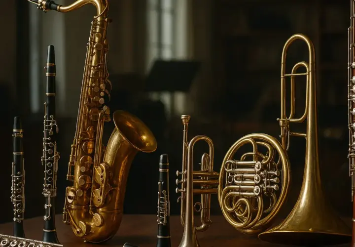 Un'orchestra di strumenti a fiato: sassofono, clarinetti, tromba, corno francese e oboe. Conoscere i loro nomi è il primo passo per creare musica.