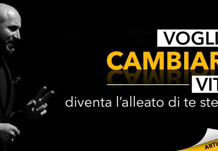 Uomo con gesto deciso, testo "VOGLIO CAMBIARE VITA" e "diventa l'alleato di te stesso".
