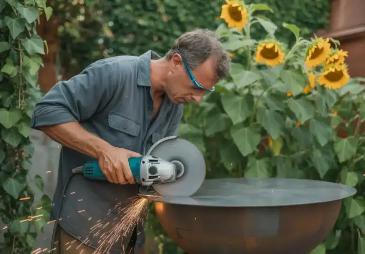 Un homme fabrique un brasero barbecue fait maison, des étincelles jaillissent.