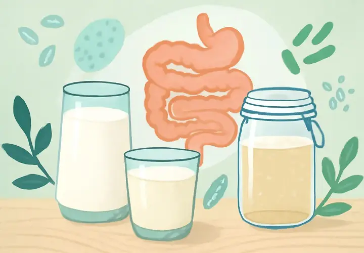 Czy kefir jest zdrowy? Ilustracja przedstawia jelita i żołądek, obok szklanki mleka i słoik z kefirem, sugerując jego korzystny wpływ na trawienie.