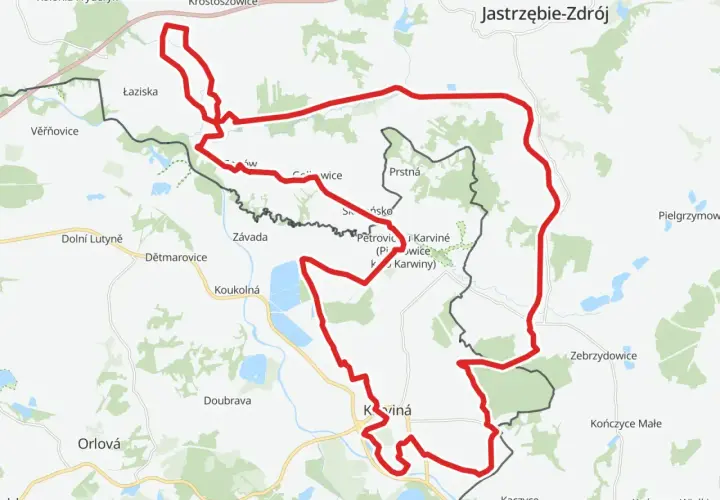 Mapa trasy rowerowej EuroVelo 4, prowadzącej przez Łaziska, Karvinę i Jastrzębie-Zdrój.