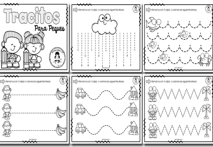 Hojas de dibujos para repasar con trazos de lluvia, peces, monos, coches y palmeras. ¡Perfecto para practicar la motricidad fina!