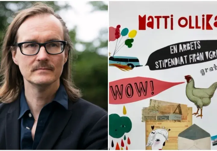 Porträtt av Matti Ollikainen bredvid en collage med texten "Matti Ollikainen", en buss, en höna och "gratis!".