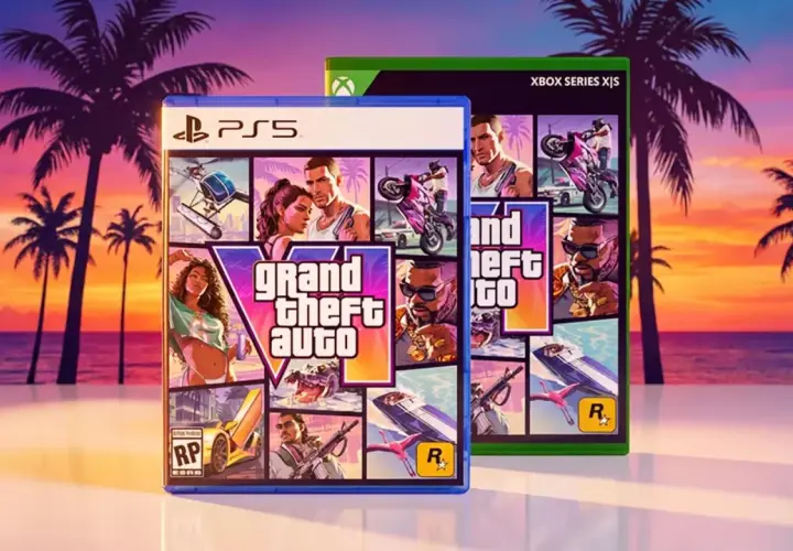 PS5 und Xbox Series X|S Hüllen für GTA 6 vor einem tropischen Sonnenuntergang. Palmen säumen die Küste, während das Spiel Cover Action verspricht.