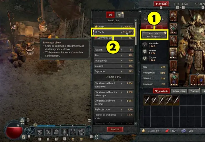 Diablo 4: 318/795 obole, waluta do kupowania kuriozów i przedmiotów.