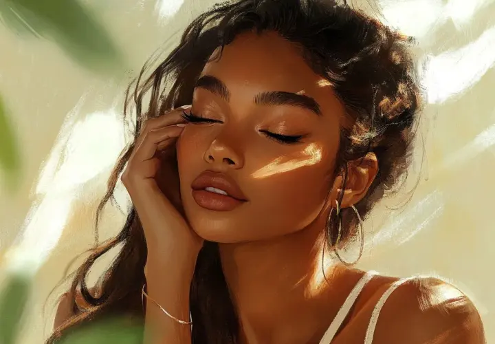 Ritratto di donna con luce solare sul viso, labbra carnose e ciglia lunghe, un esempio di come truccare per un look naturale e radioso.