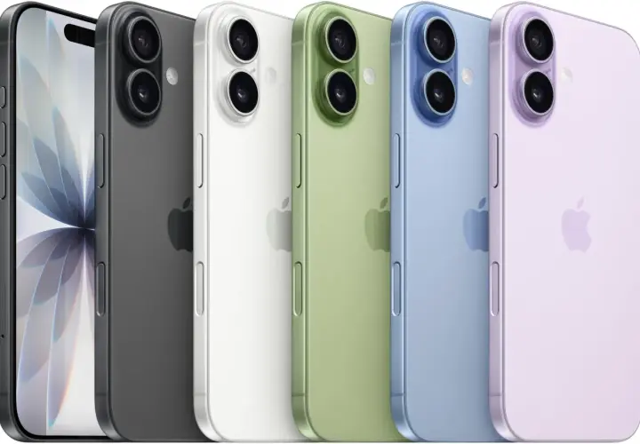 Rząd kolorowych iPhone'ów, od czarnego po różowy. Zastanawiasz się nad iphone 16 wymiary?