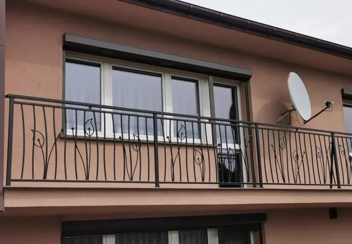 Elegancka, czyszczenie balustrady metalowej z motywem roślinnym. W tle okna i antena satelitarna.