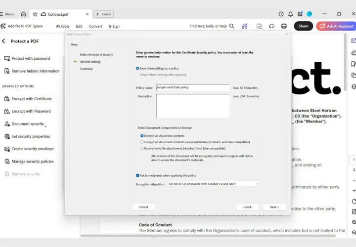 Configurando una política de seguridad para un **adobe certificado digital**. Se ingresa el nombre de la política y se seleccionan los componentes a cifrar.