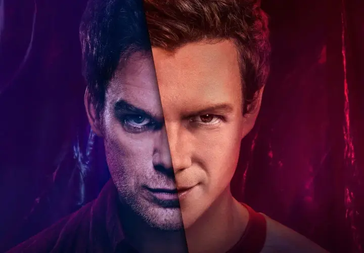 Dwóch Dexterów, jeden z mrocznym spojrzeniem, drugi z niewinnym uśmiechem. Dexter original sin.