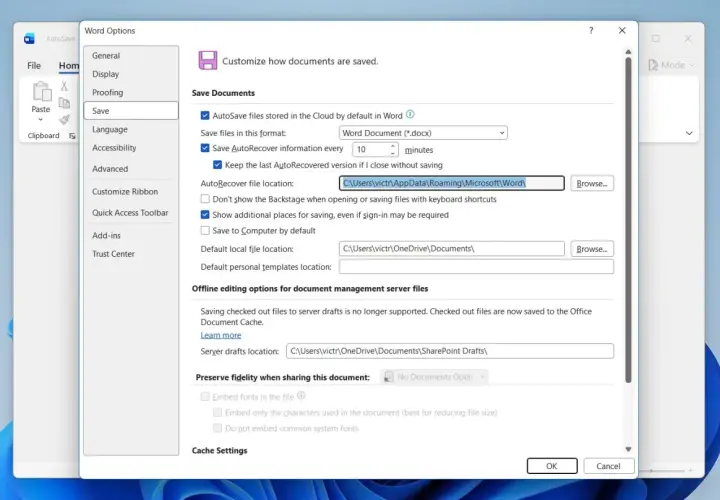 Configuración de Word para recuperar archivo sobreescrito. Se muestra la ruta de autoguardado y la opción de guardar información de Autorecuperación.