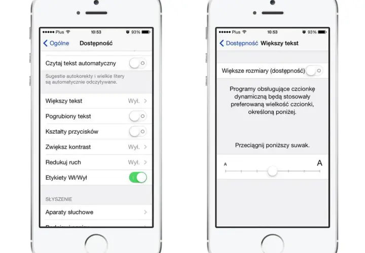 Jak zmienić czcionkę w iPhone: w Ustawieniach > Dostępność > Wyświetlacz i rozmiar tekstu > Większy tekst, dostosuj suwak.