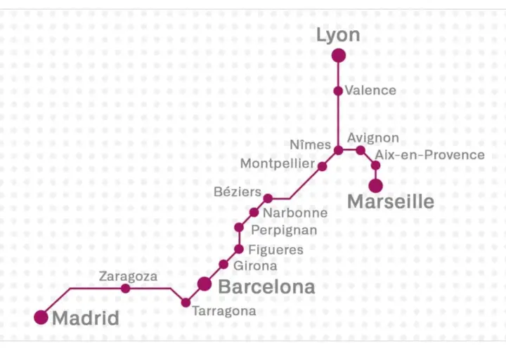Mapa de rutas de tren que conectan Madrid, Zaragoza, Barcelona y Lyon, pasando por ciudades francesas como Montpellier y Marsella.