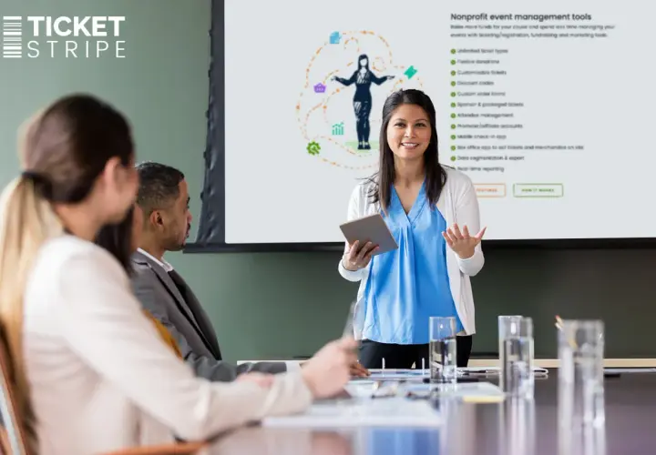 A presenter discusses nonprofit event management tools, highlighting features like flexible donations and customizable tickets, relevant to Eventbrite nonprofit pricing.