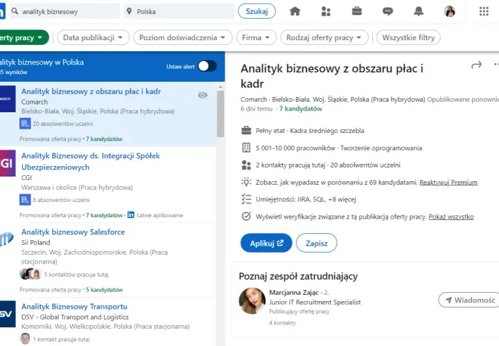 Szukasz pracy jako analityk biznesowy? LinkedIn to platforma, gdzie znajdziesz oferty pracy, np. analityk biznesowy z obszaru płac i kadr.