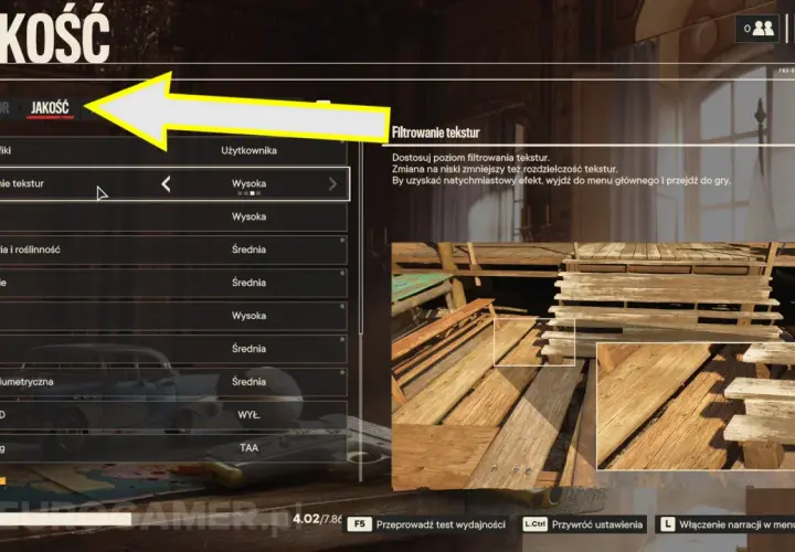 Ustawienia jakości w Far Cry 6: filtrowanie tekstur na "Wysoka". Sprawdź, czy Twój sprzęt spełnia wymagania gry.