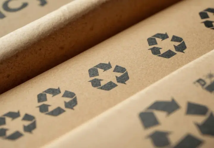 Powtarzające się znaki recyklingu na brązowym papierze podkreślają ich znaczenie w procesie ponownego wykorzystania materiałów.