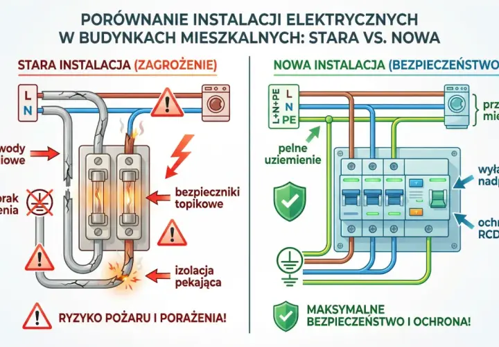 Porównanie starej, niebezpiecznej instalacji elektrycznej z nową, bezpieczną. Stara instalacja ma aluminiowe przewody, brak uziemienia i pękającą izolację, grożąc pożarem. Nowa instalacja elektryczna zapewnia pełne uziemienie, ochronę RCD i wyłączniki ...