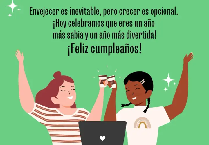 Dos amigas brindan con café para felicitar a una amiga por su cumpleaños. ¡Feliz cumpleaños!