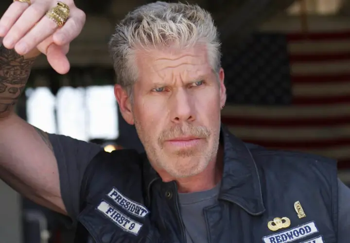 Ron Perlman w skórzanej kamizelce z naszywkami, z tatuażem na ramieniu i pierścieniami na palcach, na tle amerykańskiej flagi.