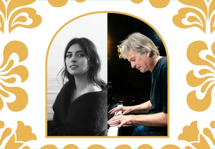 En ung kvinna och en man vid ett piano. Kanske en förhandsvisning av jazz på Skansen.