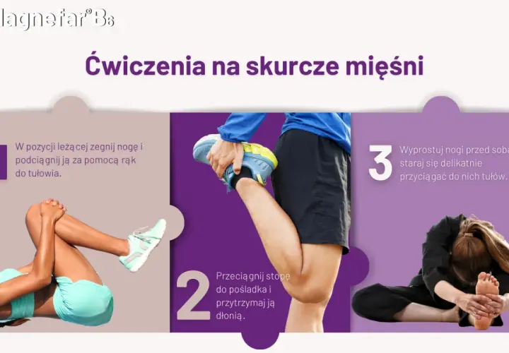 Trzy ćwiczenia na skurcze mięśni: leżąc zgięta noga, przeciąganie stopy do pośladka, skłon do prostych nóg.