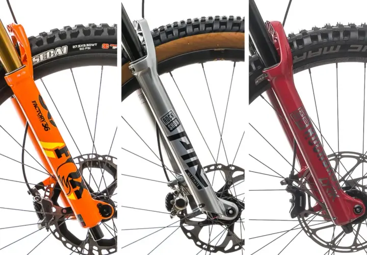 Comparing the iconic orange Fox Factory 36 and two RockShox forks, Lyrik Ultimate and another, for your next mountain bike build.