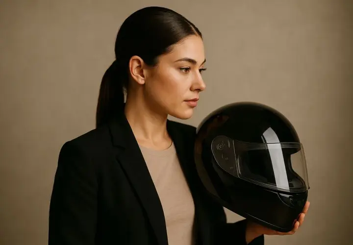 Mujer con coleta y blazer negro, sosteniendo un casco negro. Ideas de peinados para ir en moto.