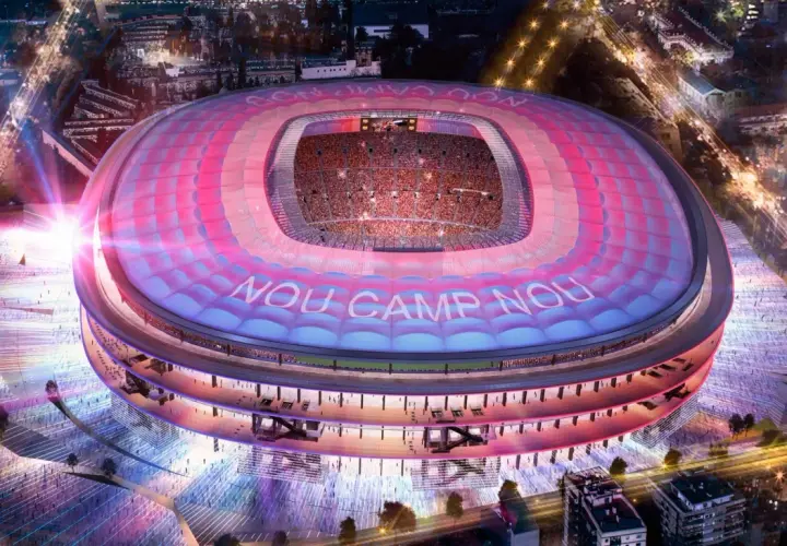 Wizualizacja stadionu po remoncie Camp Nou, z widownią i napisem "NOC CAMP NOU" na dachu.