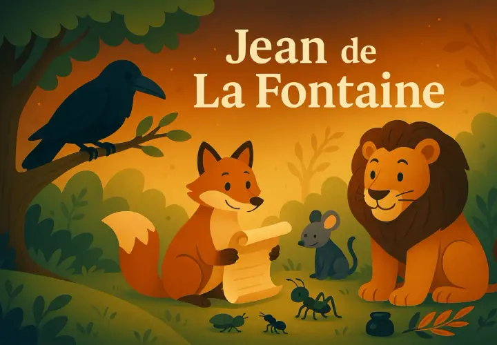 Lis czyta bajkę zwoju, a lew, mysz, mrówki i kruk słuchają. Ilustracja nawiązuje do twórczości Jeana de La Fontaine'a.