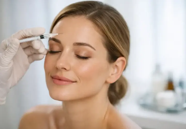 En kvinna får baby botox i pannan. Hon ler avslappnat medan en hand i handske försiktigt injicerar.