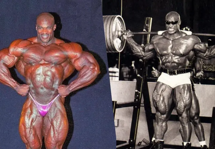 Ronnie Coleman w szczytowej formie, prezentujący swoją niesamowitą muskulaturę. Jego **rekordy** w kulturystyce są legendarne.