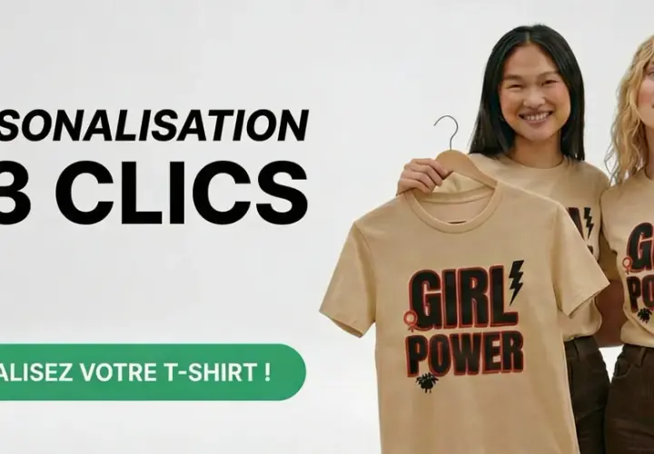 Deux femmes souriantes présentent des t-shirts "Girl Power". Facile de créer un design de t-shirt personnalisé en 3 clics !