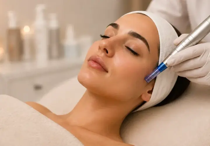 En kvinna får en microneedling-behandling för medicinsk hudvård. En hand med vit handske håller en penna som förs över hennes kind.