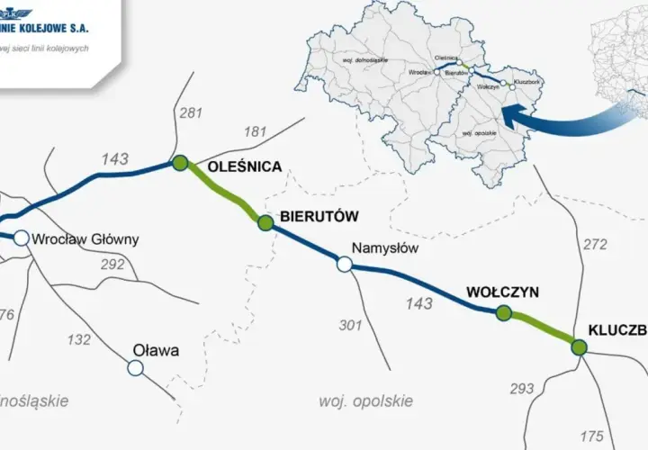 Mapa przedstawia ukres kolejowy linii Wrocław – Oleśnica – Bierutów – Namysłów – Wołczyn – Kluczbork.
