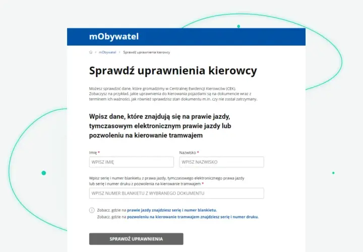 Strona mObywatel pozwala sprawdzić uprawnienia kierowcy. Wpisz dane z prawa jazdy, by zweryfikować ich ważność.
