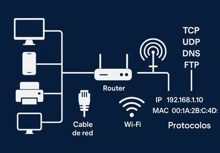 Diagrama de una red local (poe lan) con router, cable de red, Wi-Fi, y dispositivos conectados. Muestra protocolos y datos de IP.
