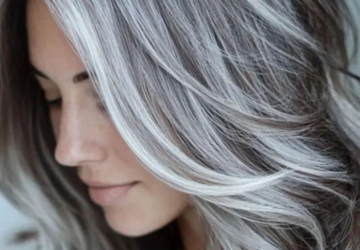Perfil de mujer con cabello largo y ondulado, con un hermoso **grey blending** que combina tonos oscuros y plateados, creando un efecto natural y elegante.