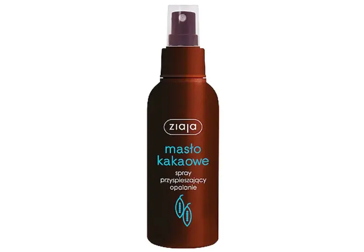 Brązowa butelka z atomizerem Ziaja Masło kakaowe – spray przyspieszający opalanie. Poznaj, jak działa przyspieszacz opalania dla pięknej skóry.