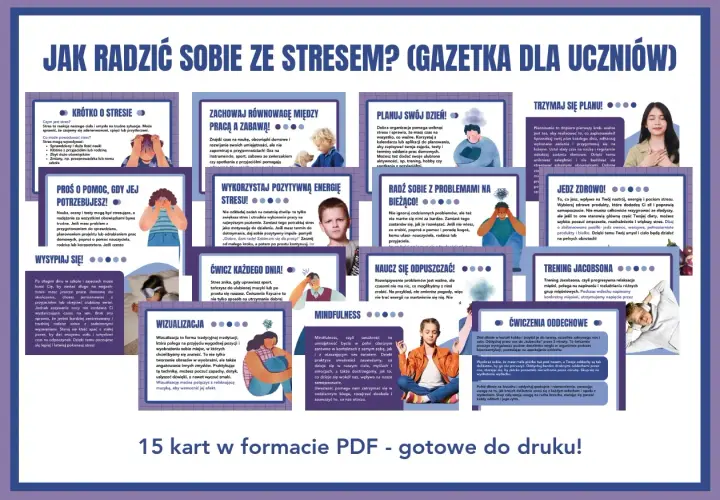 Gazetka dla uczniów "Jak radzić sobie ze stresem?" zawiera 15 kart PDF z poradami, jak radzić sobie ze stresem.