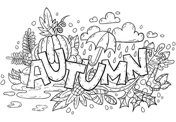Un mandala de otoño infantil con la palabra "AUTUMN", calabazas, hojas, un paraguas y gotas de lluvia.