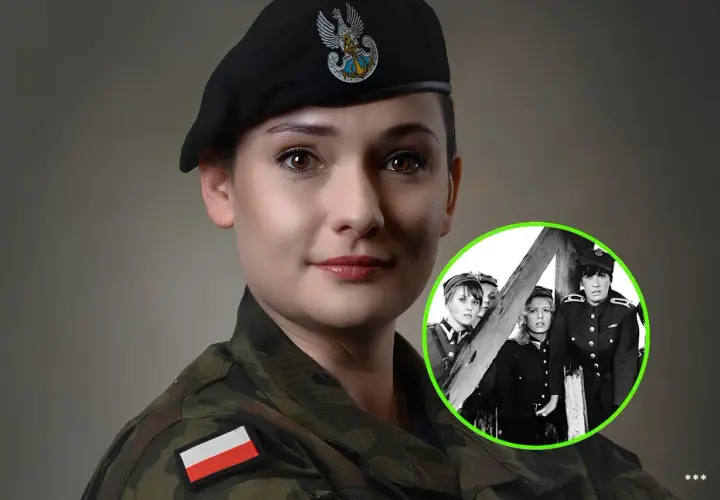 Kobieta w mundurze wojskowym z orłem na beretce, obok w kółku czarno-białe zdjęcie czterech kobiet w wojskowych strojach. Dwie gwiazdki w wojsku, przeszłość i teraźniejszość.
