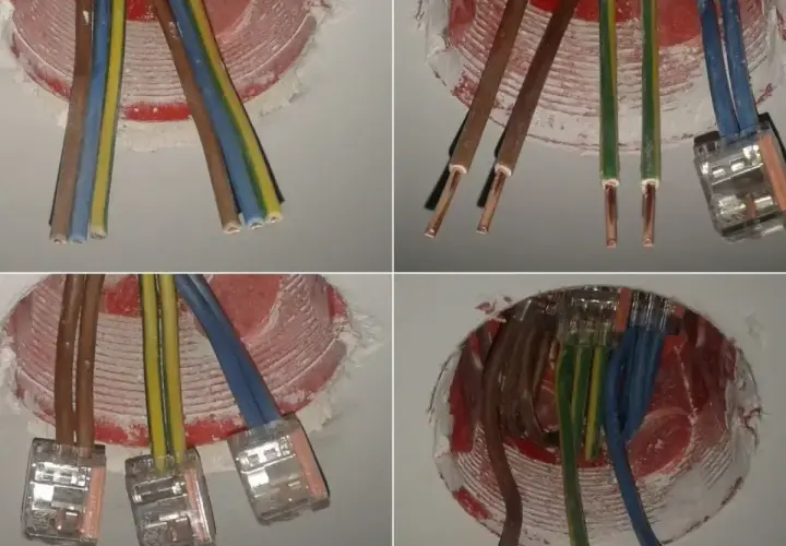 Instalacja elektryczna: różne rodzaje kabli wychodzą z puszki, gotowe do podłączenia. Jaki kabel do gniazdek? Tu widać przewody fazowe, neutralne i ochronne.