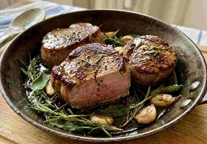 Tre succulenti medaglioni di filetto di maiale in padella morbido, cotti con aglio e rosmarino, emanano un profumo invitante.