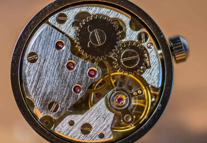Makrofotografia sprzętu zegarka: precyzyjne koła zębate, rubiny i metalowe elementy tworzą skomplikowany mechanizm.